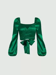 SHEIN MOD Lantern Sleeve Tie Back Satin Top - Dark Green - View 1