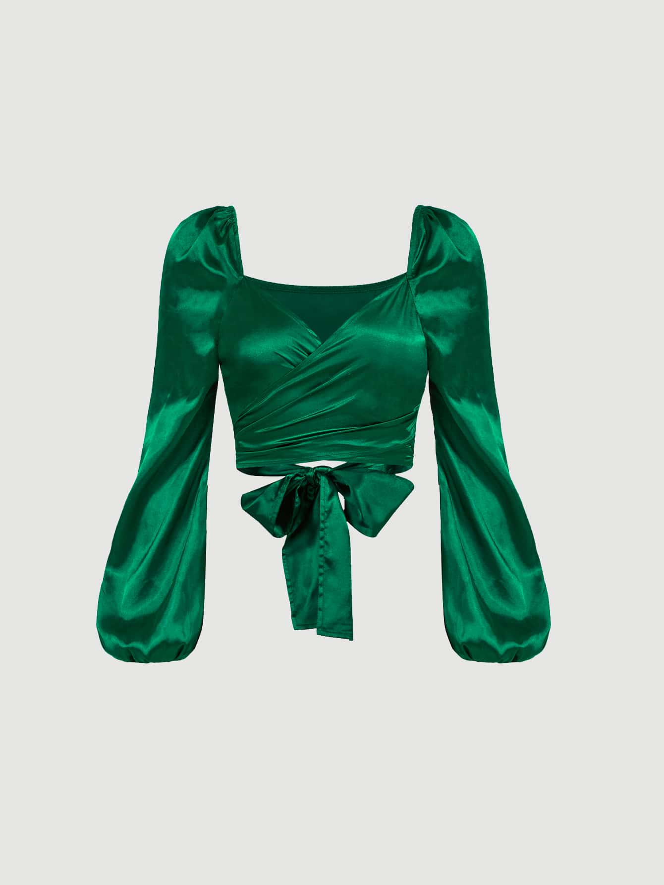 SHEIN MOD Lantern Sleeve Tie Back Satin Top - Dark Green - View 1