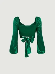 SHEIN MOD Lantern Sleeve Tie Back Satin Top - Dark Green - View 6