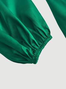 SHEIN MOD Lantern Sleeve Tie Back Satin Top - Dark Green - View 4