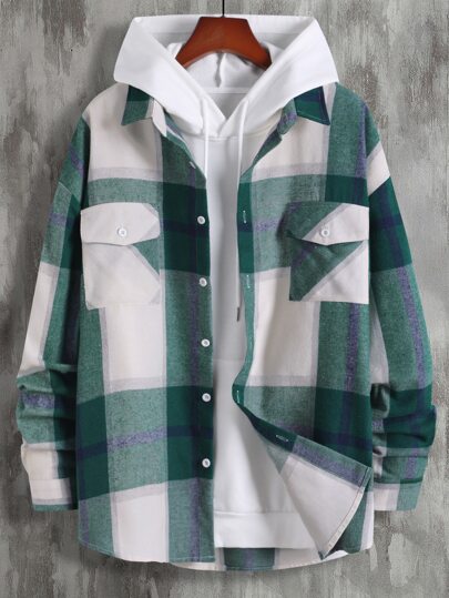 Manfinity EZcore 1 Pieza Camisa De Cuadros Holgada Para Hombre Con Bolsillos Con Solapa Y Diseño De Hombro Caído