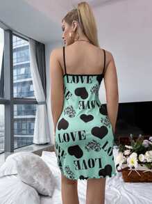 心形与字母图案生菜边饰撞色绑带吊带睡衣睡裙 - 薄荷綠 - 查看 2