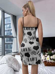 Heart & Letter Graphic Lettuce Trim Contrast Binding Cami Pajama Night Dress - Light Grey - View 2