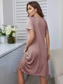 SHEIN Camisón de noche con mangas raglán de encaje de contraste, falso botón y ribete de lechuga, camisón de noche Moo Moo - Rosa vieja - Ver 2