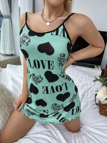 心形与字母图案生菜边饰撞色绑带吊带睡衣睡裙 - 薄荷綠 - 查看 5