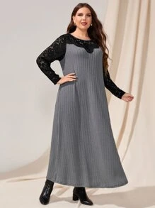 EMERY ROSE Plus Contrast Lace Tunic Dress - Grey - View 4