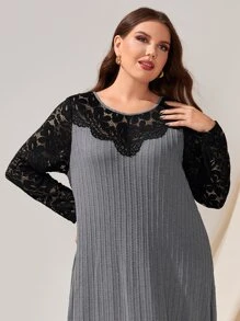 EMERY ROSE Plus Contrast Lace Tunic Dress - Grey - View 5