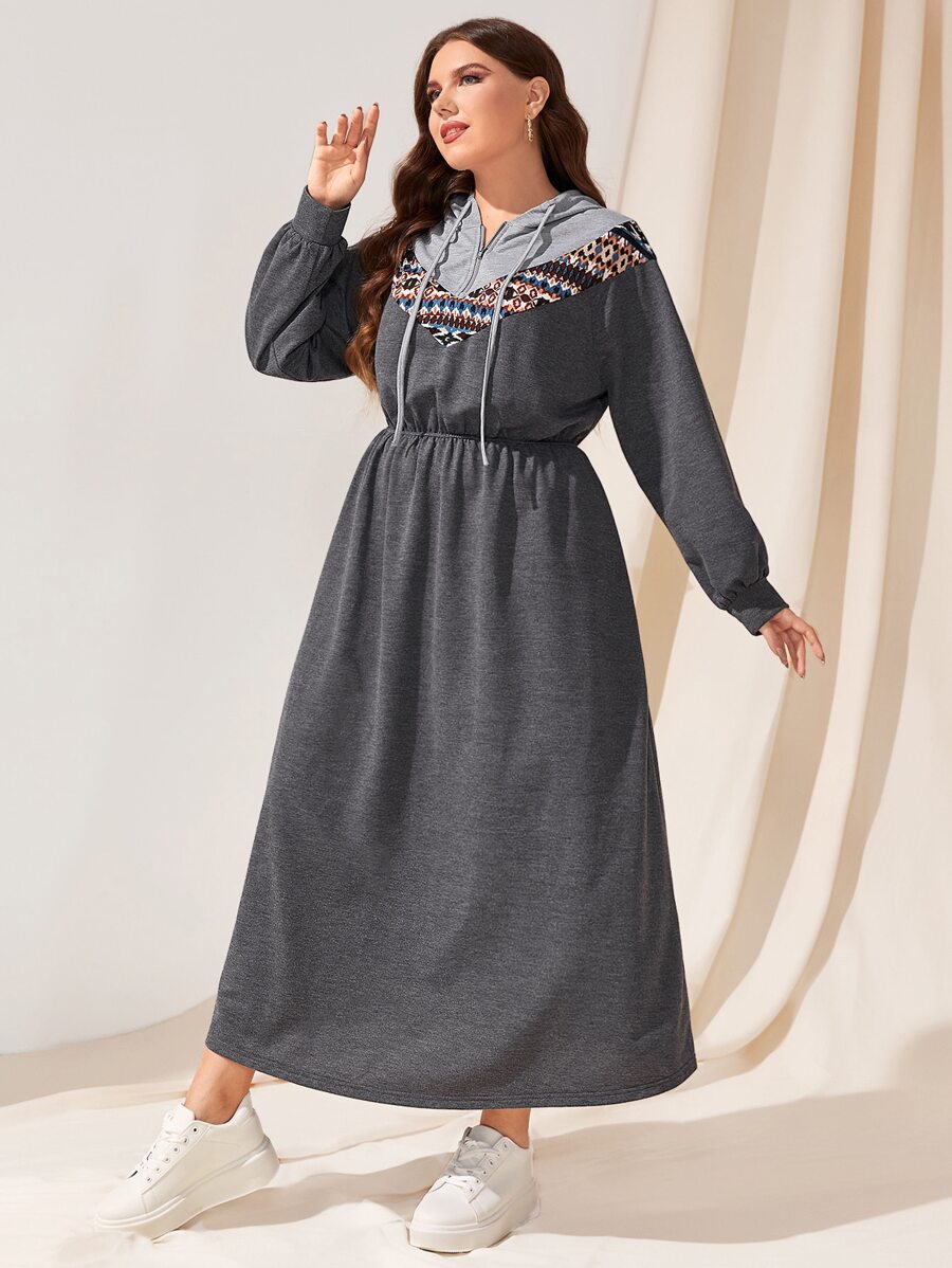 Mulvari Plus Geo Panel Half Zip Hooded Dress - Grey - View 1