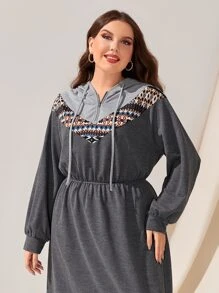 Mulvari Plus Geo Panel Half Zip Hooded Dress - Grey - View 4