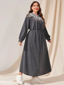 Mulvari Plus Geo Panel Half Zip Hooded Dress - Grey - View 5