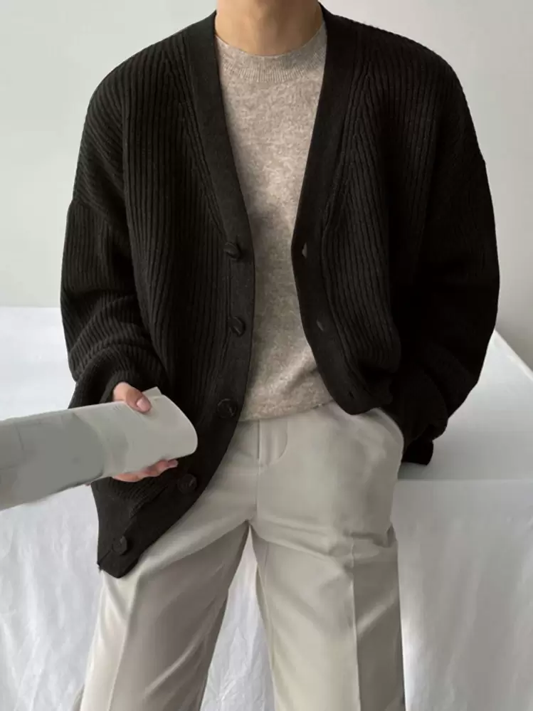 DAZY Chaqueta de punto con hombros caídos para hombre, estilo grunge para otoño e invierno - Negro - Añade 7