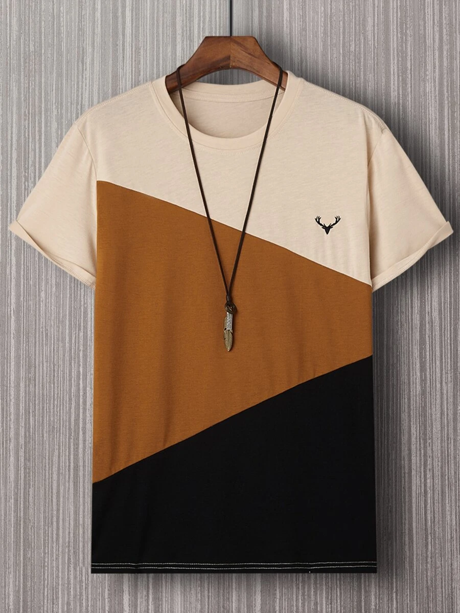 Manfinity Homme Men Colourblock Antler Embroidery Tee Without Necklace - Multicolor - View 1