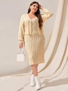 Modelyn Plus Cable Knit Drop Shoulder Duster Cardigan & Jumper Dress - Apricot - View 2
