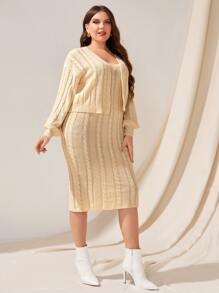 Modelyn Plus Cable Knit Drop Shoulder Duster Cardigan & Jumper Dress - Apricot - View 1