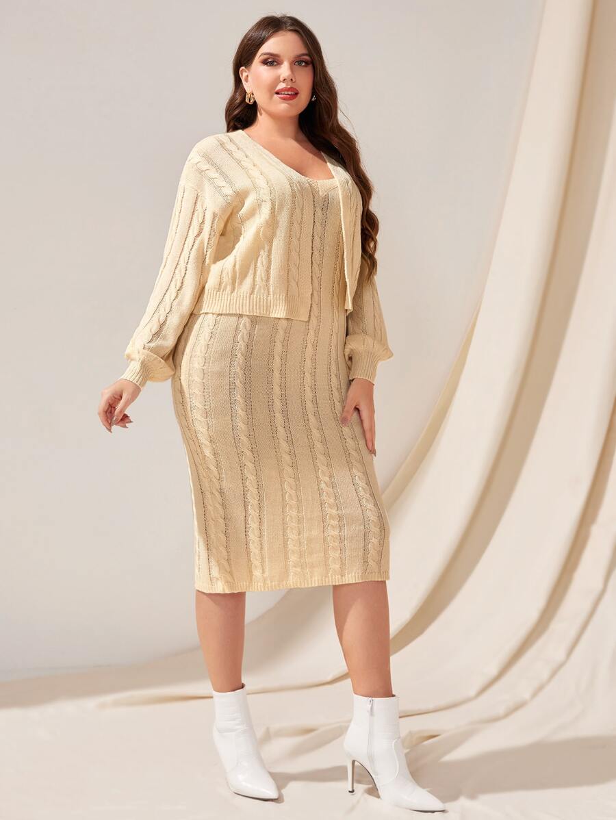 Modelyn Plus Cable Knit Drop Shoulder Duster Cardigan & Jumper Dress - Apricot - View 1