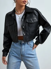 SHEIN EZwear Spring Black Drop Shoulder Flap Pocket Crop PU Jacket Women Coats In Fall/Winter