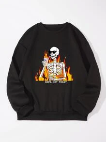 Hombres Pullover esqueleto con con estampado de slogan con forro térmico - Negro - Ver 1