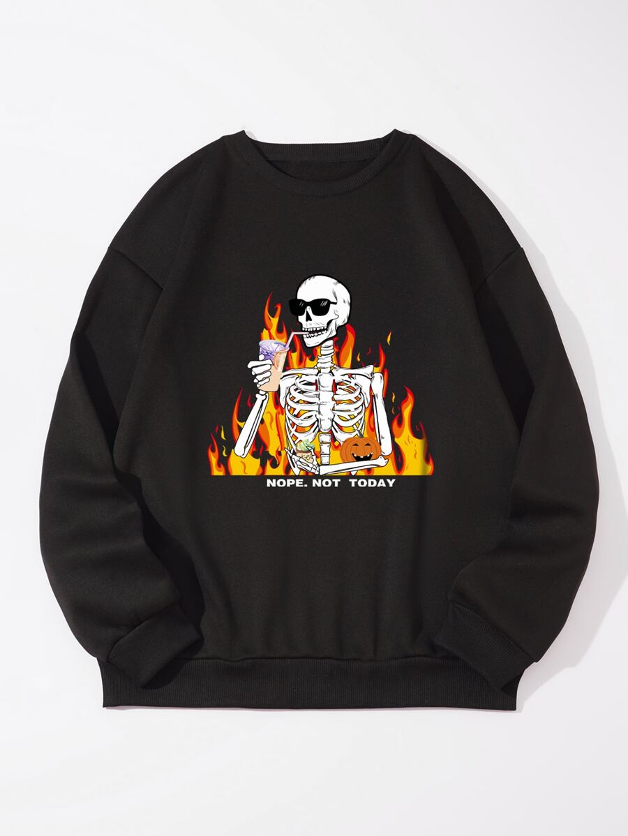 Hombres Pullover esqueleto con con estampado de slogan con forro térmico - Negro - Ver 1
