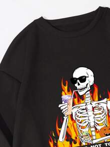 Hombres Pullover esqueleto con con estampado de slogan con forro térmico - Negro - Ver 6