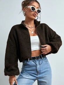 SHEIN Unity Drop Shoulder Drawstring Hem Crop Teddy Jacket - Coffee Brown - View 1