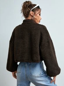 SHEIN Unity Drop Shoulder Drawstring Hem Crop Teddy Jacket - Coffee Brown - View 2