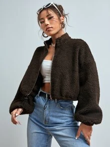 SHEIN Unity Drop Shoulder Drawstring Hem Crop Teddy Jacket - Coffee Brown - View 4