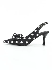 Polka Dot Bow Decor Point Toe Pyramid Heeled Slingback Pumps - Black and White - View 2