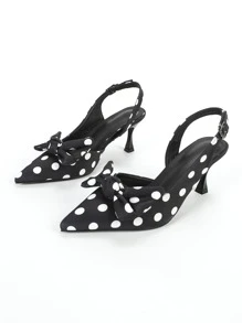 Polka Dot Bow Decor Point Toe Pyramid Heeled Slingback Pumps - Black and White - View 4
