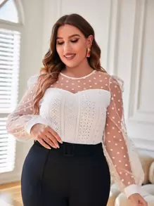 SHEIN Privé 大碼拼接波點網紗燈籠袖上衣 - 白色 - 查看 1