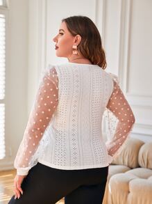 SHEIN Privé 大碼拼接波點網紗燈籠袖上衣 - 白色 - 查看 2