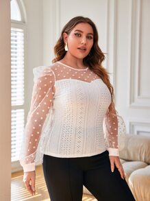 SHEIN Privé 大碼拼接波點網紗燈籠袖上衣 - 白色 - 查看 3