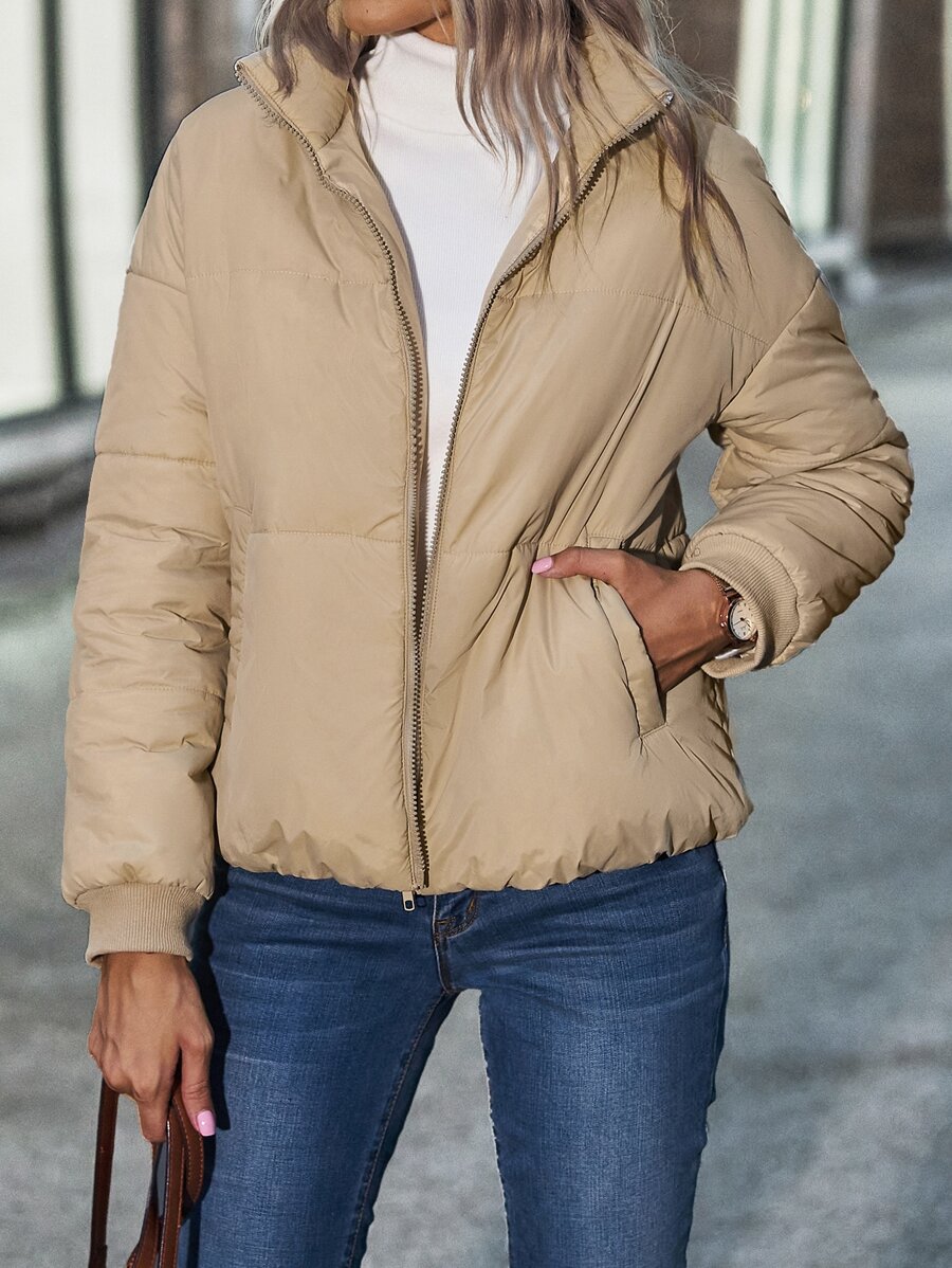 SHEIN Unity Drop Shoulder Slant Pockets Padded Coat - Khaki - View 1