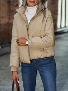 SHEIN Unity Drop Shoulder Slant Pockets Padded Coat - Khaki - View 4