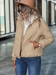 SHEIN Unity Drop Shoulder Slant Pockets Padded Coat - Khaki - View 5
