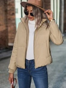 SHEIN Unity Drop Shoulder Slant Pockets Padded Coat - Khaki - View 6