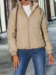 SHEIN Unity Drop Shoulder Slant Pockets Padded Coat - Khaki - View 7