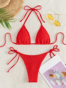 Textured Dây Tam giác Bras & Cà vạt Chuỗi chữ-V Đáy 2 mảnh Bộ đồ tắm - Đỏ - Xem 1