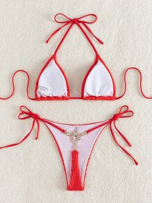 Textured Dây Tam giác Bras & Cà vạt Chuỗi chữ-V Đáy 2 mảnh Bộ đồ tắm - Đỏ - Xem 3