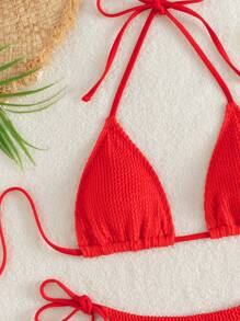 Textured Dây Tam giác Bras & Cà vạt Chuỗi chữ-V Đáy 2 mảnh Bộ đồ tắm - Đỏ - Xem 5