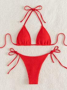 Textured Dây Tam giác Bras & Cà vạt Chuỗi chữ-V Đáy 2 mảnh Bộ đồ tắm - Đỏ - Xem 6