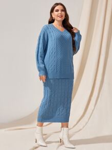 Mulvari Plus Cable Knit Drop Shoulder Jumper & Knit Skirt - Blue - View 2