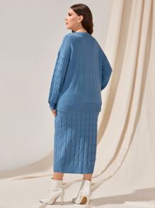 Mulvari Plus Cable Knit Drop Shoulder Jumper & Knit Skirt - Blue - View 3