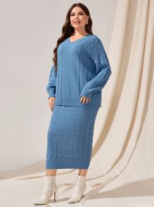 Mulvari Plus Cable Knit Drop Shoulder Jumper & Knit Skirt - Blue - View 4