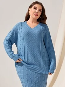 Mulvari Plus Cable Knit Drop Shoulder Jumper & Knit Skirt - Blue - View 5