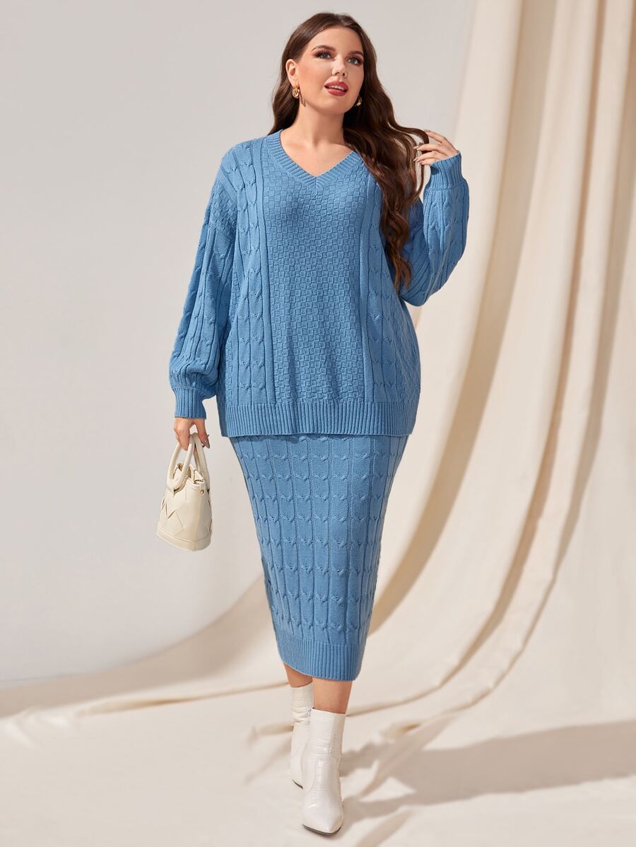 Mulvari Plus Cable Knit Drop Shoulder Jumper & Knit Skirt - Blue - View 1