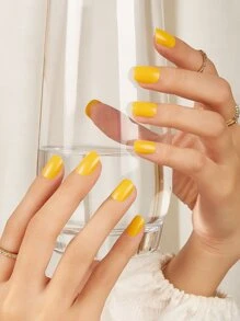 Nail Nina 實色，優雅多變風格，24件套裝，短方形，實色和優雅系列，使用果凍膠帶的美甲套裝，適合外出，休閒，娛樂，派對和舞會，日常穿著 - 黃色 - 查看 1