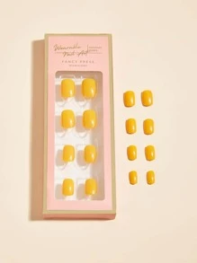 Nail Nina 實色，優雅多變風格，24件套裝，短方形，實色和優雅系列，使用果凍膠帶的美甲套裝，適合外出，休閒，娛樂，派對和舞會，日常穿著 - 黃色 - 查看 6