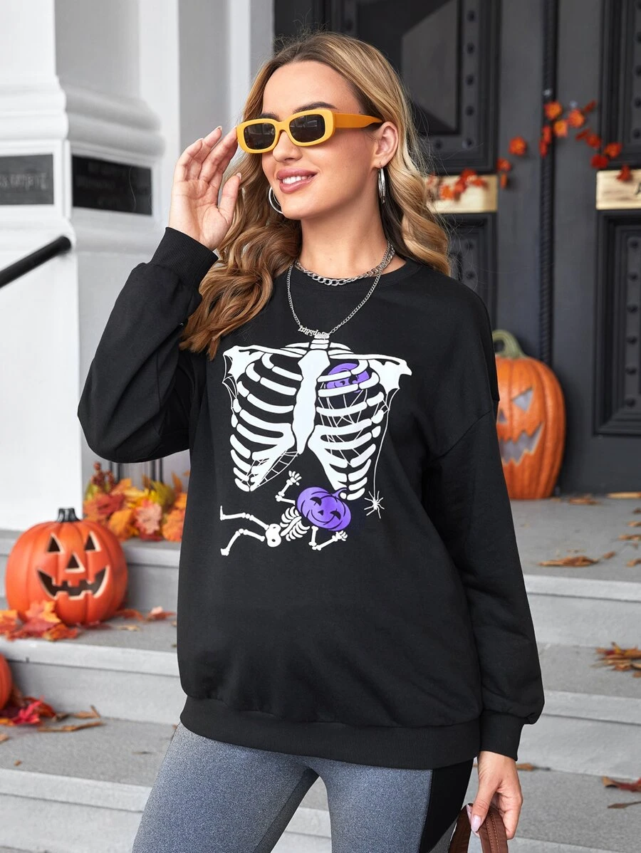 SHEIN Maternity Halloween Print Drop Shoulder Pullover - Black - View 1