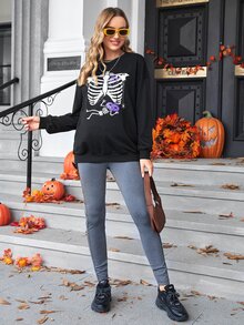 SHEIN Maternity Halloween Print Drop Shoulder Pullover - Black - View 3