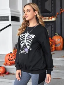 SHEIN Maternity Halloween Print Drop Shoulder Pullover - Black - View 4